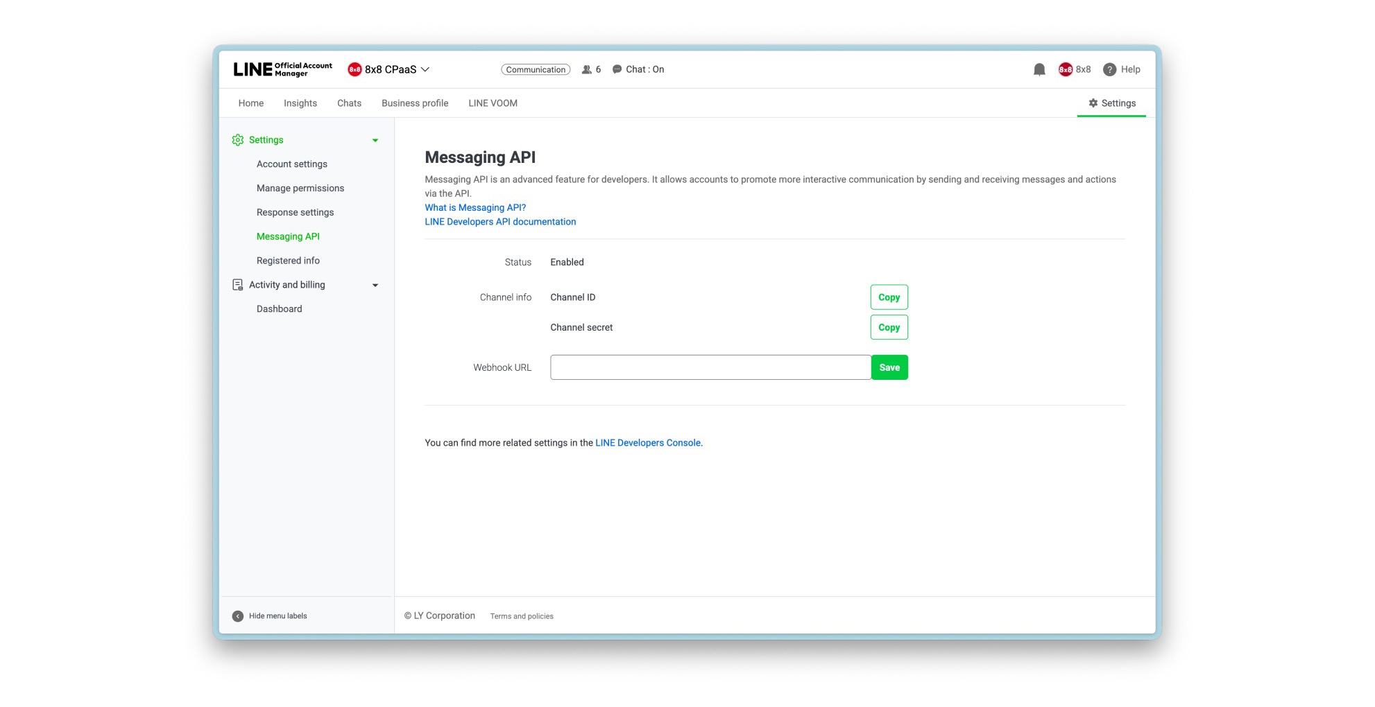 LINE Official Account Manager, Settings > Messaging API, showing Channel ID, Channel Secret, and Webhook URL